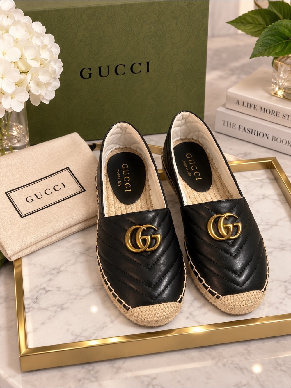 Black Quilted Leather Espadrille Flats with Gold Double G
